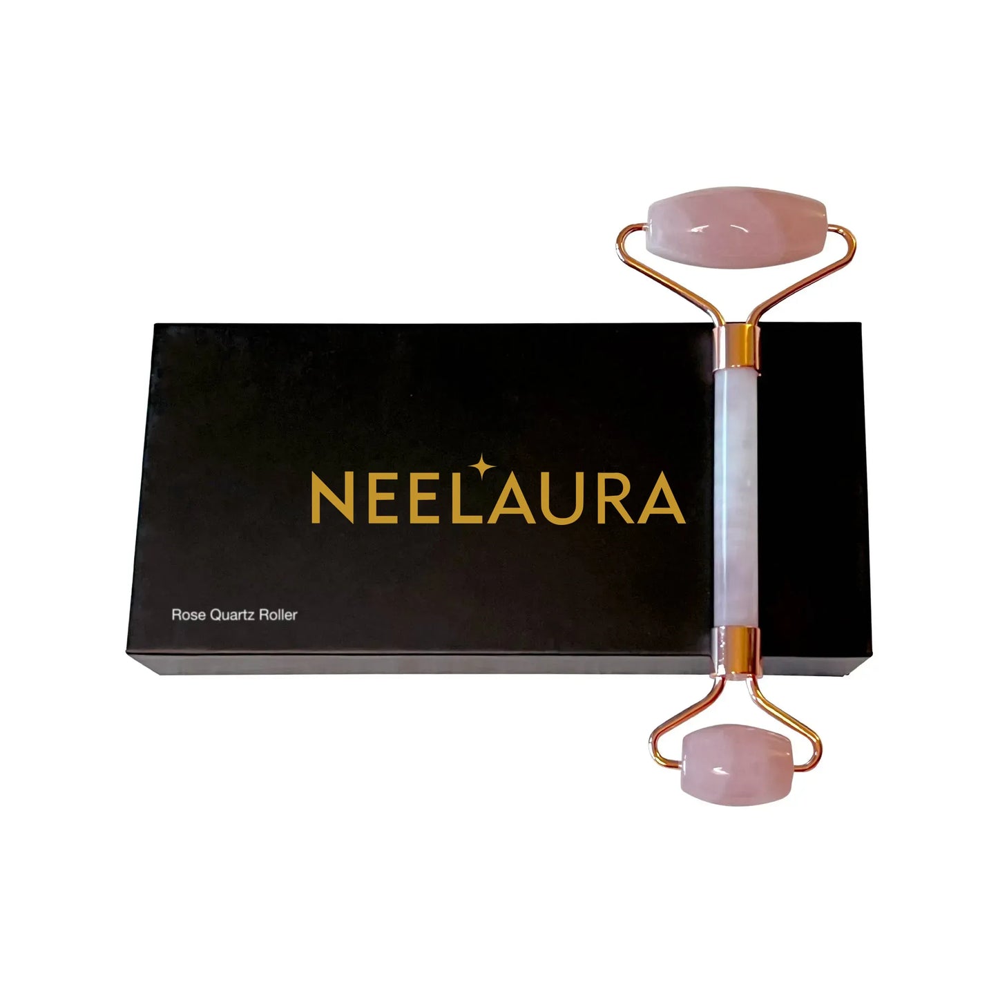 Neelaura Glow Infusion rose quartz roller and box, a skincare tool for improved complexion and hydration.