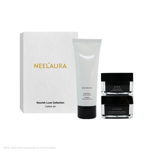 Nourish Luxe Collection 3-piece set featuring Shea Body Butter, Hyaluronic Moisturizer, and Nourish Hand Cream.