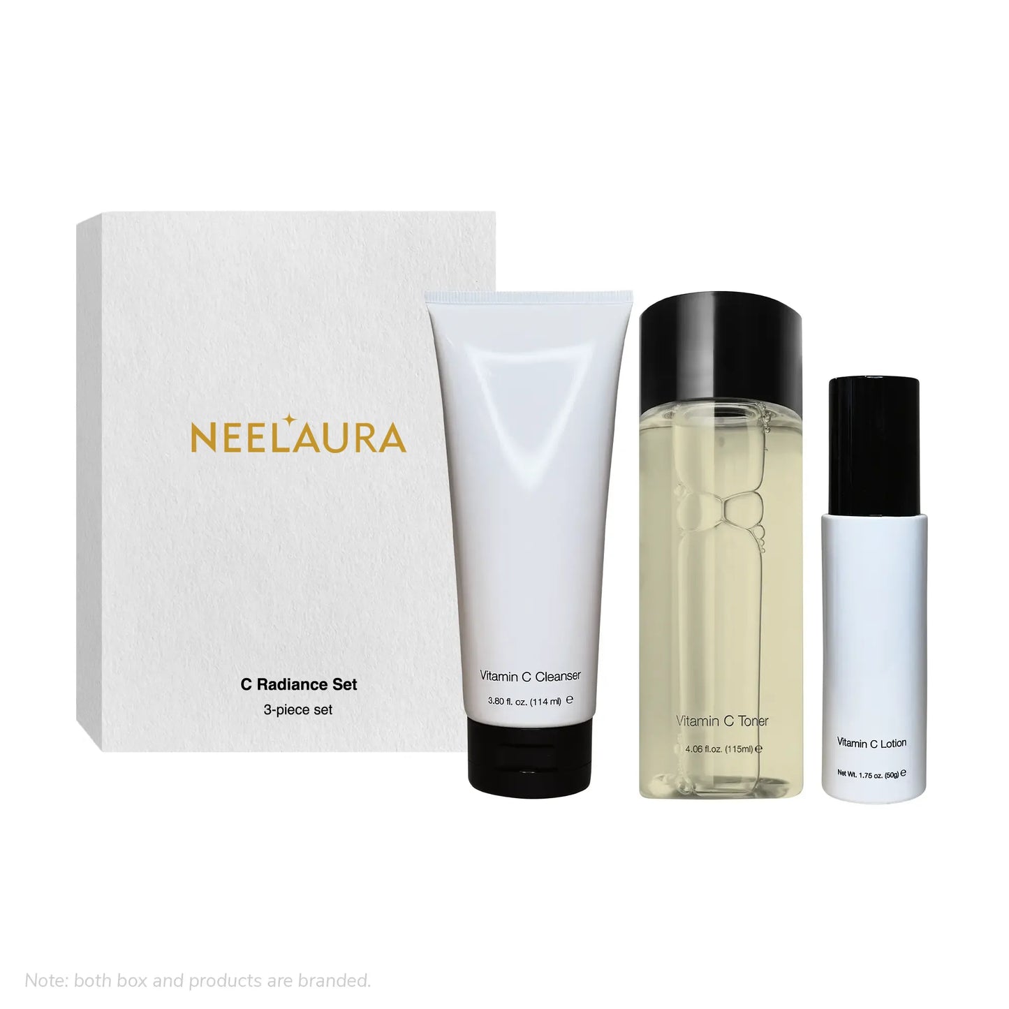 C Radiance Set by Neel Aura featuring Vitamin C Cleanser, Toner, and Lotion for luminous skin.