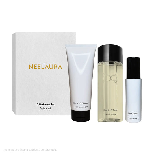 C Radiance Set by Neel Aura featuring Vitamin C Cleanser, Toner, and Lotion for luminous skin.