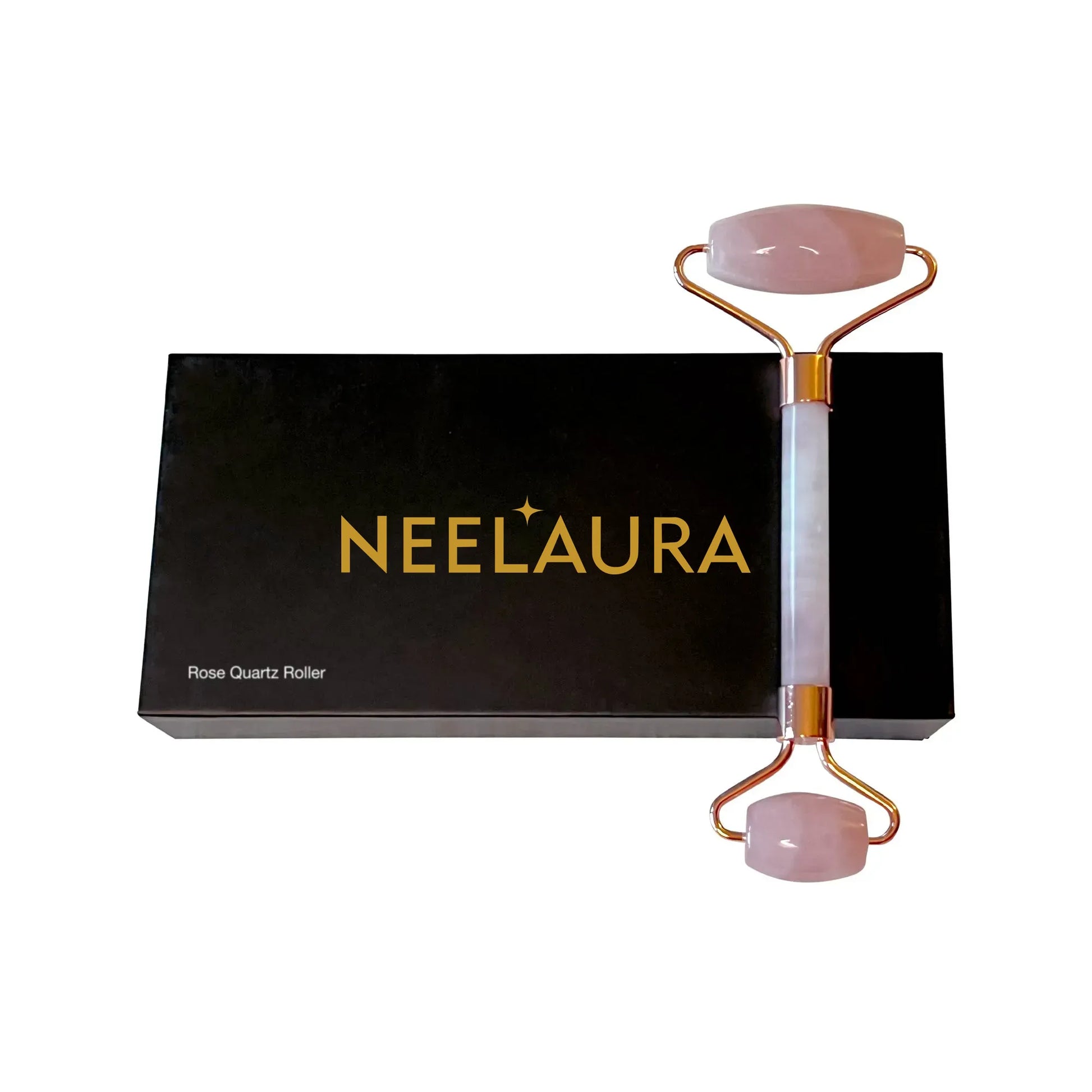 Neelaura Glow Infusion rose quartz roller and box, a skincare tool for improved complexion and hydration.