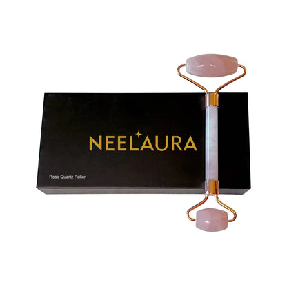 Neelaura Glow Infusion rose quartz roller and box, a skincare tool for improved complexion and hydration.